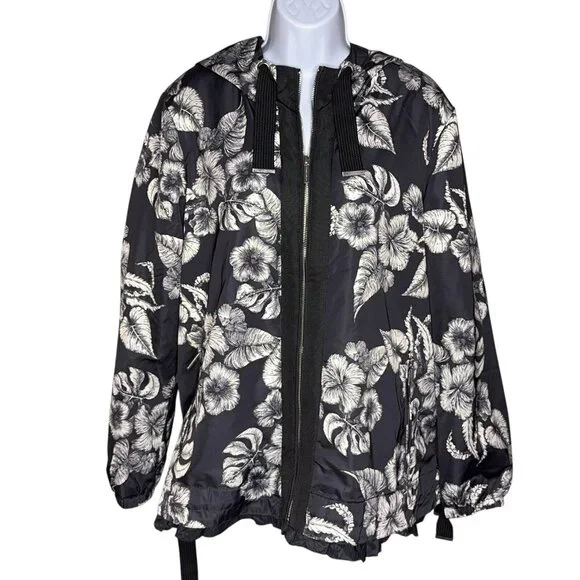 Dennis Basso Jacket Printed Floral Black White Water Resistant Hooded Ruffle Lg - Picture 1 of 16